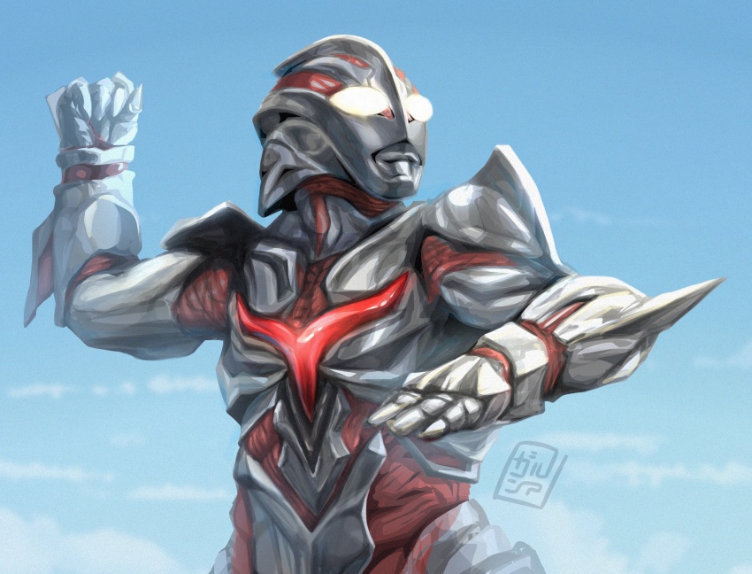alien armor blue_sky chest_jewel cloud day elbow_blade elbow_spikes fighting_stance giant glowing glowing_chest glowing_eyes highres levanshousa913 no_humans no_pupils seijin sky spikes superhero_costume supervillain textless_version tsuburaya_productions ultra_series ultraman:_the_next ultraman_the_next white_eyes yellow_eyes