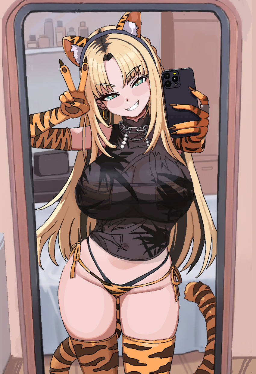 1girl animal_ear_hairband animal_ears animal_print bikini bikini_bottom_only blonde_hair blue_eyes cellphone cl_oor clenched_teeth crop_top elbow_gloves fake_animal_ears gloves hairband highres holding holding_phone hololive koganei_niko long_hair mirror mirror_selfie phone selfie side-tie_bikini_bottom smartphone solo swimsuit tail teeth thighhighs tiger_ears tiger_print tiger_tail v