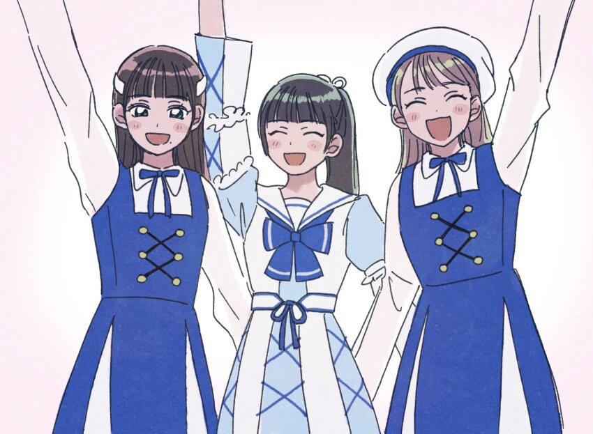 3girls ame_(ameno_ko) animification aqours_finale_lovelive!_~eikyuu_stage~ arm_up beret black_hair blue_bow blue_bowtie blue_dress bow bowtie brown_hair collared_shirt commentary_request cowboy_shot dress facing_viewer hat komiya_arisa long_hair looking_at_viewer love_live! love_live!_sunshine!! mole mole_under_mouth multiple_girls pinafore_dress ponytail real_life sailor_collar sailor_dress shirt simple_background sleeveless sleeveless_dress suwa_nanaka suzuki_aina_(voice_actor) voice_actor white_background white_hat white_sailor_collar white_shirt