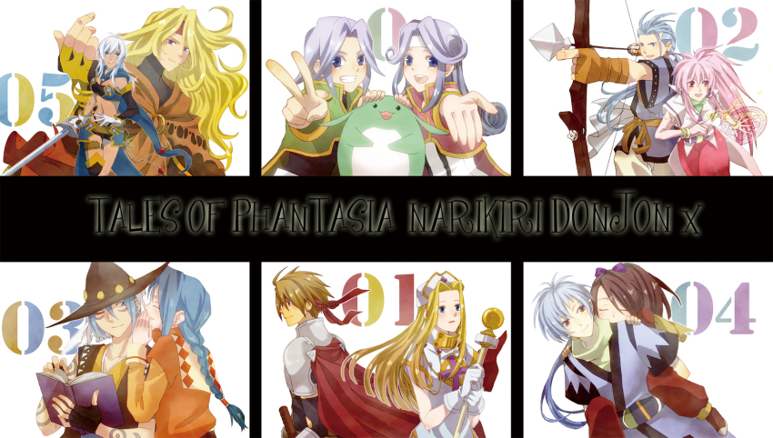 6+boys 6+girls akimo_(cb21) arche_klein armor arrow_(projectile) belt blonde_hair blue_eyes blue_hair bodysuit book bow_(weapon) braid breasts brown_hair cape carrying chester_burklight claus_f._lester closed_eyes coat creature cress_albane dark_skin dhaos dhaos_(tales) dio_(tales) dress elbow_gloves falken_barklight fujibayashi_suzu gloves grey_hair hat headband highres jewelry kuruuru long_hair magic mel_(tales) midriff milard_rune mint_adenade multiple_boys multiple_girls necklace one_eye_closed open_mouth pants pink_eyes pink_hair ponytail red_eyes ribbon rondoline_e_effenberg rondorine_e._effenberg scarf shoes short_hair shorts sword tales_of_(series) tales_of_phantasia tales_of_phantasia:_narikiri_dungeon tales_of_phantasia:_narikiri_dungeon_x tattoo thighhighs v vest weapon white_hair wink