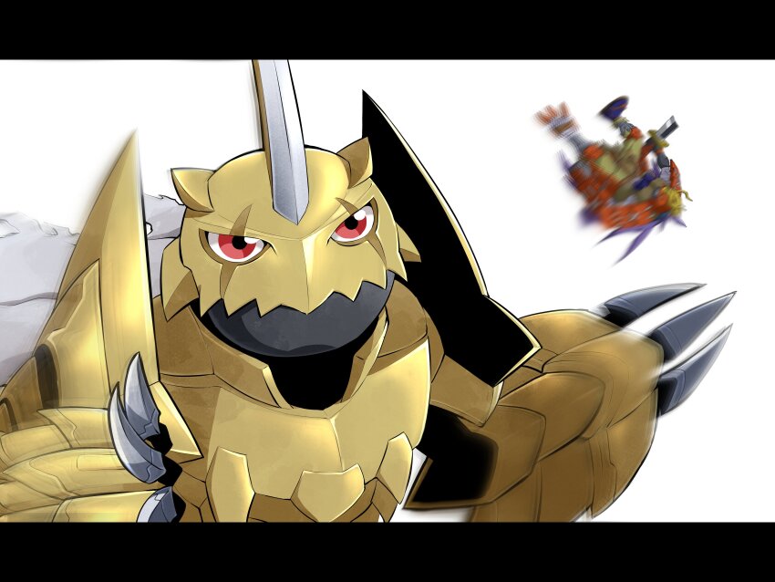 absurdres armor claws digimon digimon_(creature) highres meme musyamon red_eyes simple_background white_background zubamon