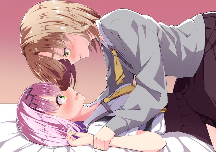 2girls black_hairband blunt_ends blush bob_cut brown_hair brown_skirt cardigan collared_shirt commentary cowboy_shot embarrassed eye_contact eyes_visible_through_hair from_side girl_on_top green_eyes grey_cardigan hair_between_eyes hairband hand_up high-waist_skirt highres holding_another&#039;s_wrist long_hair looking_at_another low_side_ponytail lying medium_hair mikuni_sairi mizuka_academy_school_uniform multiple_girls necktie nose_blush on_back on_bed open_mouth pink_background pink_hair pleated_skirt profile school_uniform sesen2000 shirt simple_background skirt smile straight_hair surprised suspender_skirt suspenders tanikaze_amane tenshi_souzou_re-boot! thick_eyebrows white_shirt wide-eyed yellow_necktie yuri