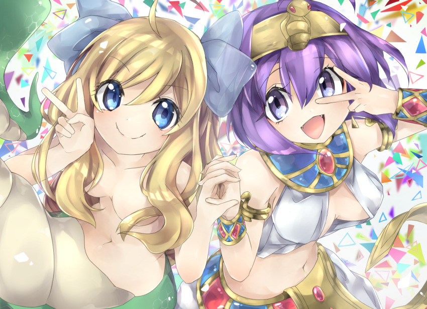 2girls ancient_egyptian_clothes blonde_hair bracelet breasts cleavage earrings eyeliner fang fang_out fangs hair_censor hair_ribbon highres holding_hands jashin-chan jashin-chan_dropkick jewelry lamia makeup medusa_(jashin-chan_dropkick) monster_girl multiple_girls navel nude pippi_(ku_ro_do_zorizo_to) purple_hair ribbon twintails usekh_collar v