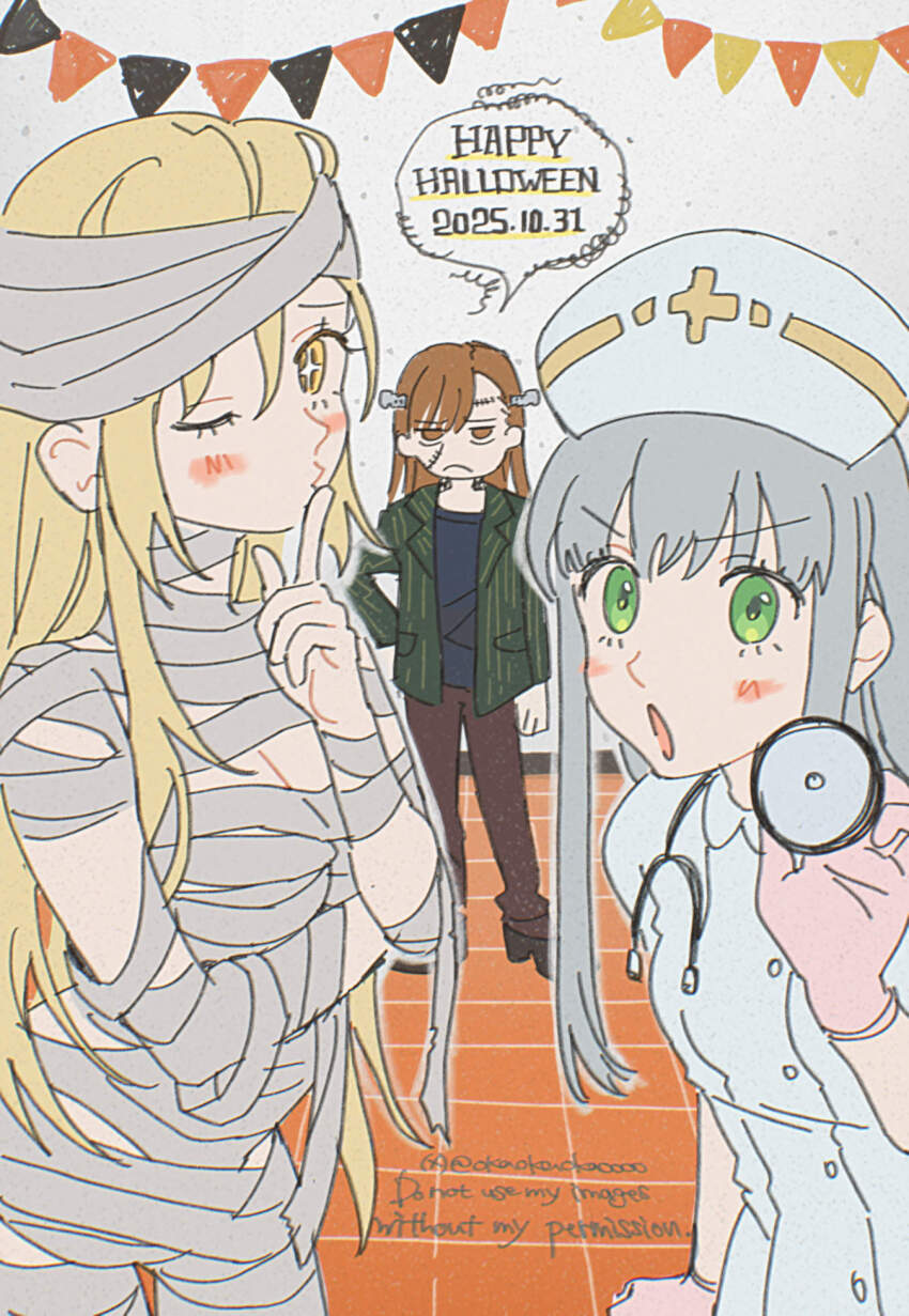 3girls :o bandages blonde_hair blowing_kiss blue_shirt breasts brown_eyes brown_hair brown_pants cleavage commentary_request cosplay dated dress frankenstein&#039;s_monster frankenstein&#039;s_monster_(cosplay) frown gloves green_eyes green_jacket halloween halloween_costume happy_halloween hat highres index_(toaru_majutsu_no_index) jacket large_breasts long_hair looking_at_viewer medium_hair misaka_mikoto multiple_girls mummy_costume naked_bandage nurse nurse_cap object_through_head okaokaokaoooo one_eye_closed pants pink_gloves screw_in_head shirt shokuhou_misaki star-shaped_pupils star_(symbol) stethoscope_around_neck stitches striped_clothes striped_jacket symbol-shaped_pupils tile_floor tiles toaru_kagaku_no_railgun toaru_majutsu_no_index white_dress yellow_eyes