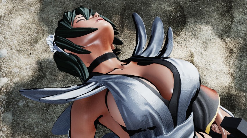 1girl 3d apron black_hair breast_focus breasts cleavage highres iroha_(samurai_spirits) large_breasts lips looking_to_the_side looking_up maid maid_headdress nature ryona samurai_spirits screencap short_hair sky solo third-party_edit