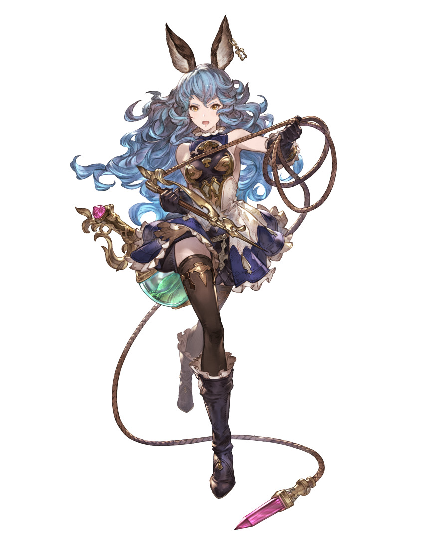 1girl absurdres animal_ears bare_shoulders black_boots black_gloves black_thighhighs blue_hair boots breasts brown_eyes dress earrings elbow_gloves erune ferry_(granblue_fantasy) full_body gloves gold_trim granblue_fantasy granblue_fantasy_versus highres holding holding_weapon jewelry knee_boots long_hair looking_at_viewer minaba_hideo official_art open_mouth short_dress sideboob simple_background sleeveless sleeveless_dress small_breasts solo standing thighhighs transparent_background turtleneck weapon whip yellow_eyes zettai_ryouiki