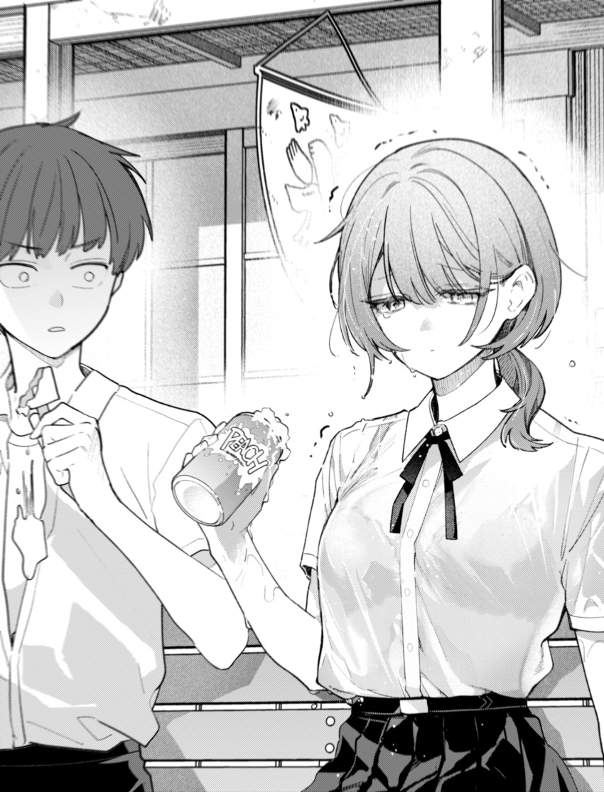 1boy 1girl aged_up bra_visible_through_clothes breasts buttons can collared_shirt drink_can food highres holding holding_can holding_food holding_popsicle komekura_(komeppy22) neck_ribbon on_bench original pleated_skirt popsicle ribbon school_uniform shirt short_hair skirt soda_can spill tearing_up wet wet_clothes wet_shirt