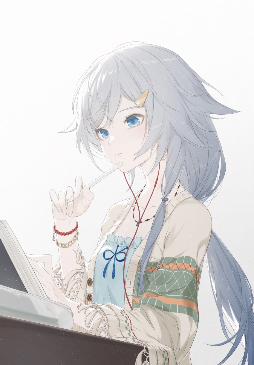 absurdres benghuai_xueyuan blue_eyes book fu_hua highres holding holding_pencil honkai_(series) honkai_impact_3rd pencil rafaelaaa sweater white_background white_hair