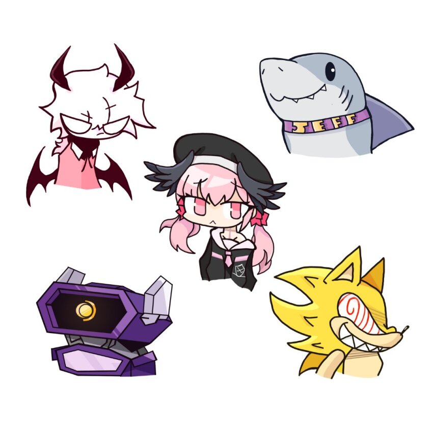 1girl 4boys acrokris angel_wings blue_archive commentary_request fleetway_super_sonic friday_night_funkin&#039; horns jeff_(marvel) koharu_(blue_archive) marvel multiple_boys multiple_others robot selever_(friday_night_funkin&#039;) self-upload sharp_teeth shockwave_(transformers) sonic_(series) sonic_the_hedgehog super_sonic teeth transformers video_game white_background wings