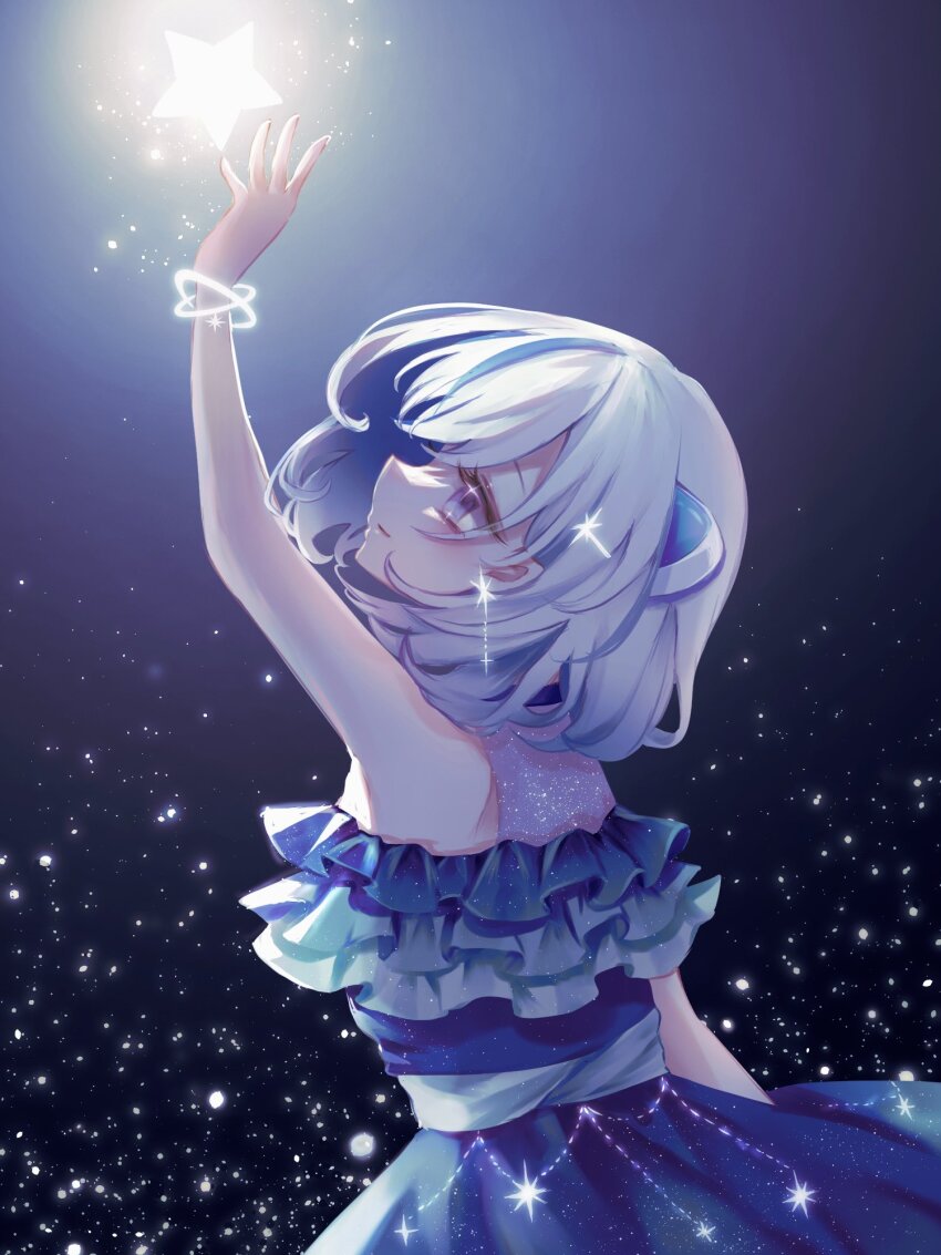1girl animal_ears blue_dress blue_hair chimy closed_mouth commentary_request dress frilled_dress frills glowing grey_hair highres iriam looking_up medium_hair miria_(iriam) multicolored_hair print_dress profile purple_eyes sleeveless sleeveless_dress smile solo star_(symbol) streaked_hair