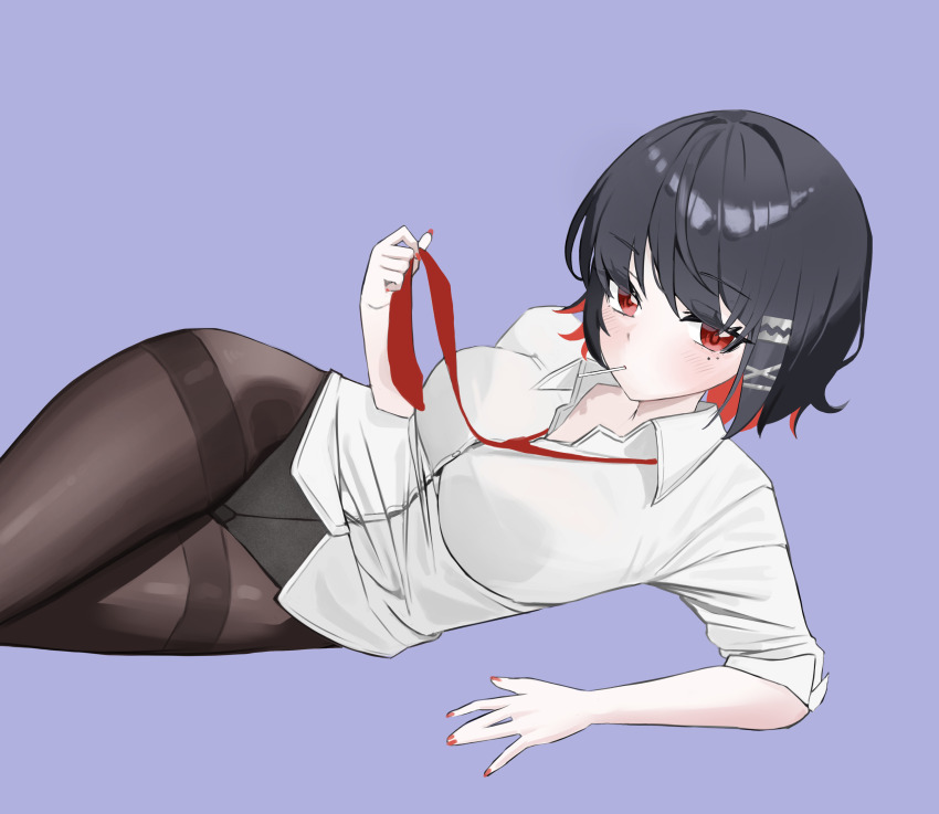 1girl absurdres black_hair black_leotard breasts brown_pantyhose cbwook collared_shirt colored_inner_hair dress_shirt ellen_joe hand_up highres large_breasts leotard leotard_under_clothes looking_at_viewer lying mole mole_under_eye mouth_hold multicolored_hair nail_polish necktie no_pants on_side pantyhose purple_background reclining red_eyes red_nails red_necktie shirt short_hair simple_background solo thighband_pantyhose white_shirt zenless_zone_zero