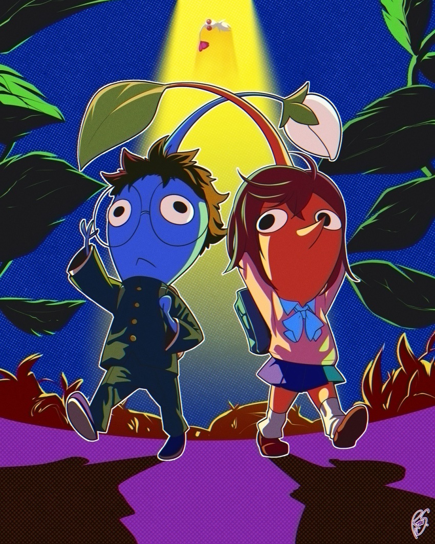 alternate_form ayase_momo big_nose blue_background bow bowtie bud commentary commentary_request dandadan gakuran highres leg_warmers looking_at_another loose_bowtie nintendo no_mouth pikmin_(creature) pikmin_(series) pink_sweater plant pointy_nose round_eyewear ryou_sakai school_uniform signature sweater takakura_ken_(dandadan) white_leg_warmers white_pikmin