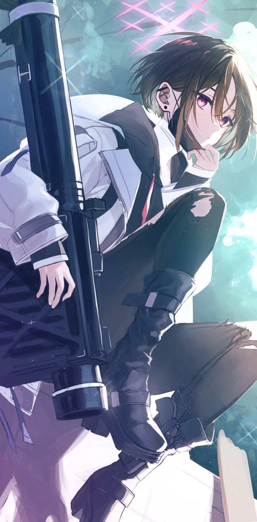 1girl absurdres bandaged_neck bandages black_hair black_hoodie black_mask blue_archive coat ear_piercing fim-92_stinger halo highres hood hoodie mask mask_pull misaki_(blue_archive) mouth_mask otoshiro_kosame pants piercing rocket_launcher solo torn_clothes torn_pants weapon white_coat