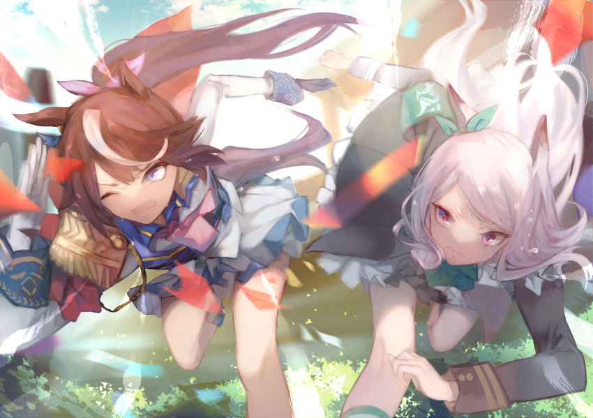 2girls absurdres ahoge animal_ears bare_legs brown_hair coat eyebrows_hidden_by_hair gloves grey_hair hair_between_eyes hair_ribbon highres horse_ears horse_girl horse_tail long_hair looking_ahead mejiro_mcqueen_(umamusume) multicolored_hair multiple_girls one_eye_closed open_mouth pony_(animal) ponytail ribbon running saitogiulio skirt tail tokai_teio_(umamusume) umamusume uniform white_gloves white_hair