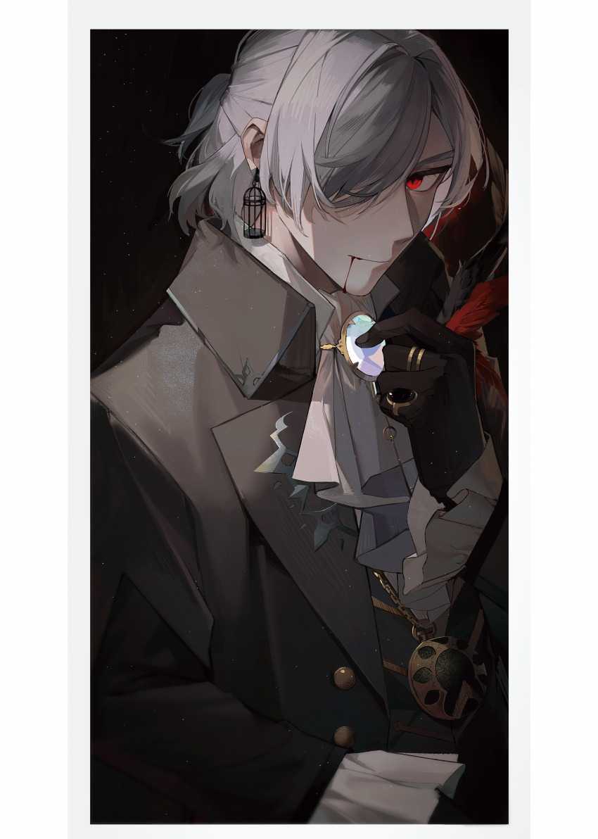 1boy absurdres adjusting_clothes antonio_salieri_(fate) antonio_salieri_(masquerade_of_the_vampire)_(fate) ascot birdcage black_background black_coat black_feathers black_gloves black_vest blood blood_from_mouth border brooch cage cage_earrings closed_mouth coat collared_coat commentary empty_eyes english_commentary fate/grand_order fate_(series) feathers frilled_sleeves frills gloves grey_hair hair_between_eyes hair_intakes hair_over_one_eye half_updo hand_up highres jewelry light_particles long_sleeves looking_at_viewer male_focus medallion multiple_rings open_clothes open_coat red_eyes red_feathers ring shirt short_hair simple_background slit_pupils smile solo upper_body vampire vest white_ascot white_border white_shirt yukkuri_(fumoyun)