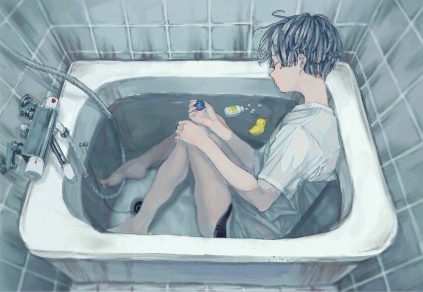 1boy bathroom bathtub black_panties closed_mouth full_body grey_hair highres male_focus no_shoes nose original panties partially_submerged pill pill_bottle rubber_duck shirt unchico_unchi underwear water wet wet_clothes white_shirt