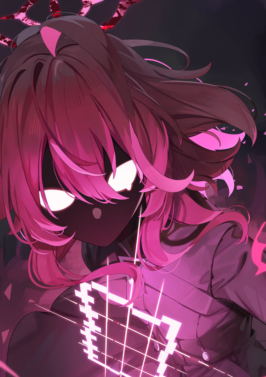 1girl absurdres ahoge blue_archive commentary_request hair_between_eyes halo highres hoshino_(blue_archive) hoshino_terror_(blue_archive) kuroshiro_kanae light_in_heart looking_at_viewer medium_hair no_pupils red_hair red_halo red_shirt shirt solo spoilers upper_body white_eyes