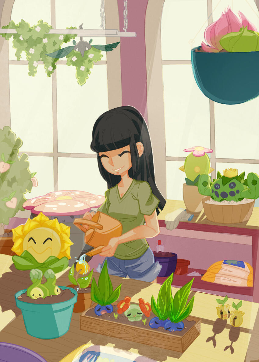 1girl bellossom bellsprout berry_(pokemon) black_hair blue_footwear blunt_bangs budew bulbasaur cacnea closed_eyes commentary english_commentary game_freak gardening gen_1_pokemon gen_2_pokemon gen_3_pokemon gen_4_pokemon gen_5_pokemon gloves green_shirt hanging_plant highres holding holding_watering_can indoors ivysaur long_hair maractus nintendo oddish parted_lips pecha_berry pokemon pokemon_(creature) shirt shovel sunflora sunkern unworn_gloves vileplume watering_can window wormadam wormadam_(plant) zaley13