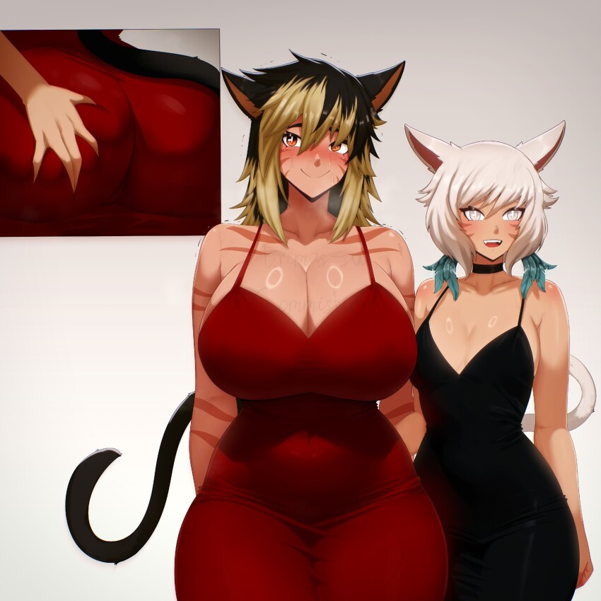 2girls animal_ears armpit_crease black_choker black_dress black_hair blind blonde_hair blush breasts brown_eyes cat_ears cat_tail choker closed_mouth curvy dark-skinned_female dark_skin deep_skin dress eremas-su eyebrows_hidden_by_hair facial_mark final_fantasy final_fantasy_xiv full-face_blush grabbing_another&#039;s_ass groping hair_between_eyes hair_over_eyes heavy_breathing highres huge_breasts large_breasts looking_at_viewer miqo&#039;te multicolored_hair multiple_girls red_dress scar simple_background smile tail teeth thick_thighs thighs two-tone_hair upper_teeth_only warrior_of_light_(ff14) white_background white_eyes white_hair wide_hips y&#039;shtola_rhul yuri