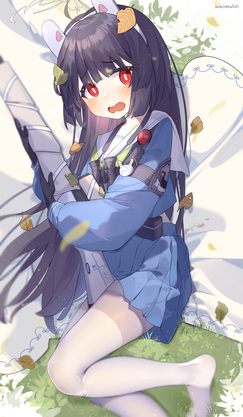 1girl absurdres animal_ear_headwear animal_ears armband black_hair blue_archive blurry dirty dirty_clothes embarrassed eru_daydream fake_animal_ears grass gun hairband highres leaf long_sleeves looking_at_viewer lying miyu_(blue_archive) hugging_object on_side open_mouth pantyhose pleated_skirt red_eyes rifle sailor_collar skirt thighs twig weapon white_pantyhose