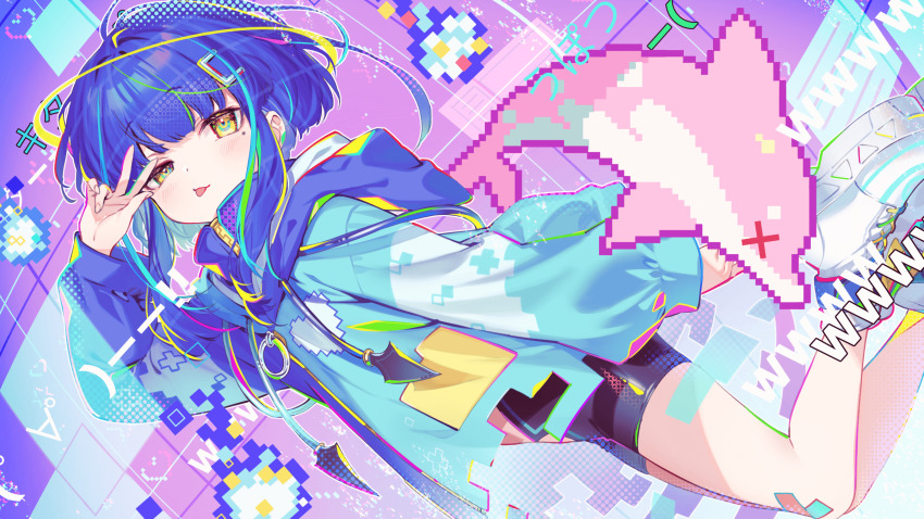 1girl black_shorts blue_hair blue_jacket dolphin first_stage_production highres hood hooded_jacket jacket looking_at_viewer mochituke_nullpo mole mole_under_eye multicolored_hair official_art outline pixel_art_inset shoes shorts shuri_(84k) solo streaked_hair tongue tongue_out virtual_youtuber w white_outline white_shoes yellow_eyes