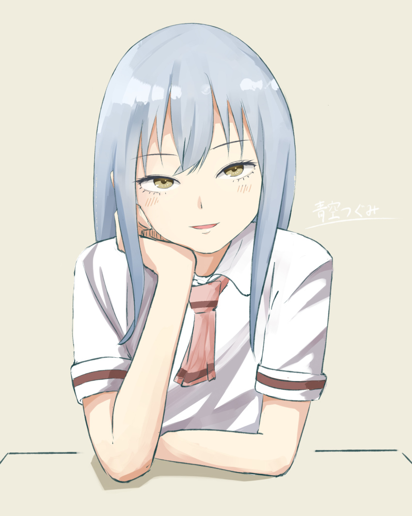 1girl absurdres aozora_tsugumi asobi_asobase collared_shirt female_focus head_tilt highres long_hair looking_at_viewer school_uniform shirt short_sleeves silver_hair smile solo uecchi white_shirt yellow_eyes