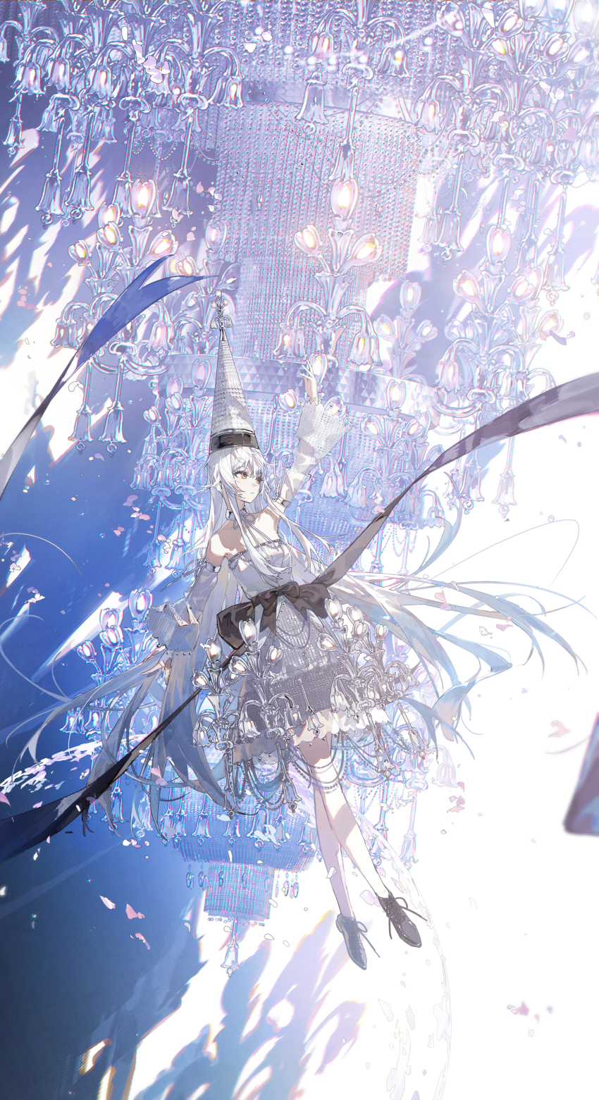 1girl absurdres arm_up black_shoes chandelier choker closed_eyes detached_sleeves dress glass hair_between_eyes hat highres kieed long_hair orange_eyes original shoes sleeves_past_wrists solo strapless strapless_dress tall_hat white_choker white_dress white_hair white_hat