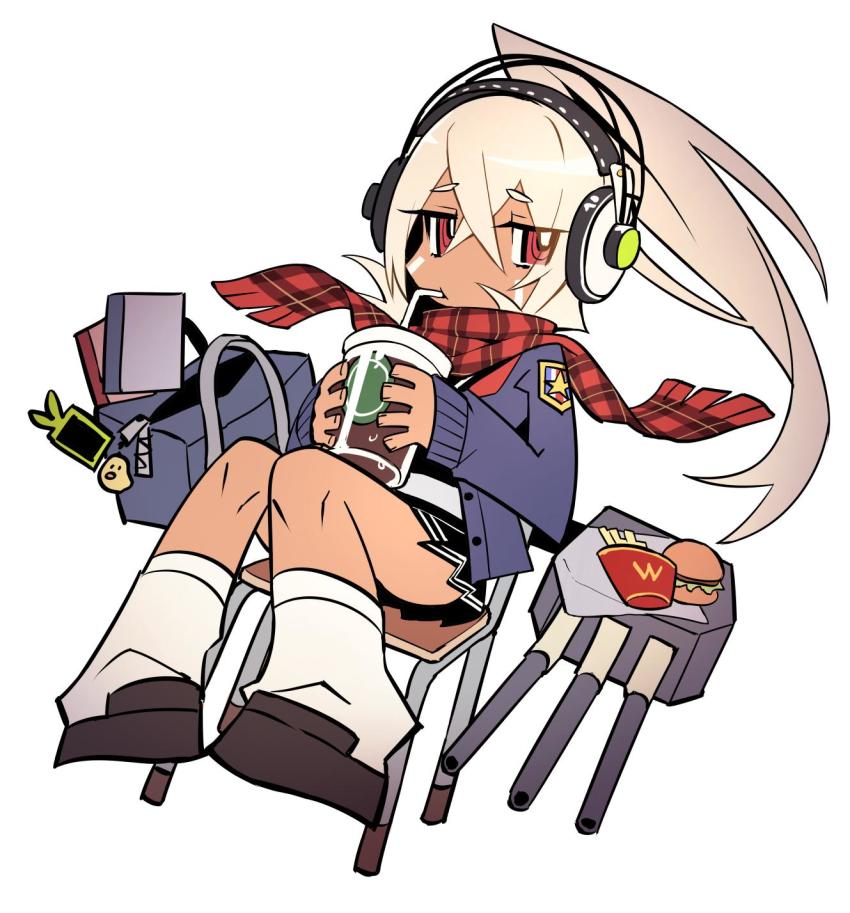 1girl azur_lane bag_charm black_skirt blonde_hair blue_bag blue_cardigan brown_shoes burger cardigan chair charm_(object) coffee commentary_request crossed_bangs cup dark-skinned_female dark_skin disposable_coffee_cup disposable_cup drinking_straw drinking_straw_in_mouth facepaint food french_fries full_body hair_between_eyes headphones high_ponytail highres holding holding_cup leaning_back long_hair looking_at_viewer manjuu_(azur_lane) mephisto_(angraecum) miniskirt minneapolis_(azur_lane) minneapolis_(wild_huntress_schoolgirl)_(azur_lane) official_alternate_costume parody plaid_clothes plaid_scarf pleated_skirt ponytail red_eyes red_scarf rigging ringed_eyes scarf ship_turret shoes skirt socks solo style_parody toon_(style) very_long_hair wcdonald&#039;s white_socks