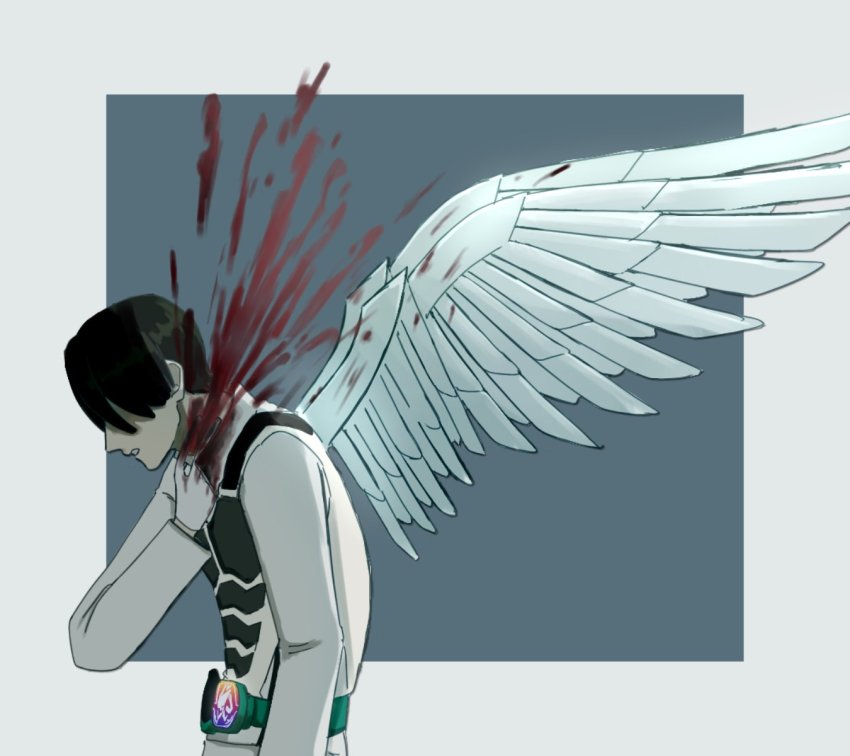 1boy angel_wings armor black_hair blood bloody_wings fenix_uniform gloves highres igarashi_daiji injury kamen_rider kamen_rider_revice male_focus military military_uniform outside_border rai_9925 slit_throat spoilers two_sidriver white_gloves wings