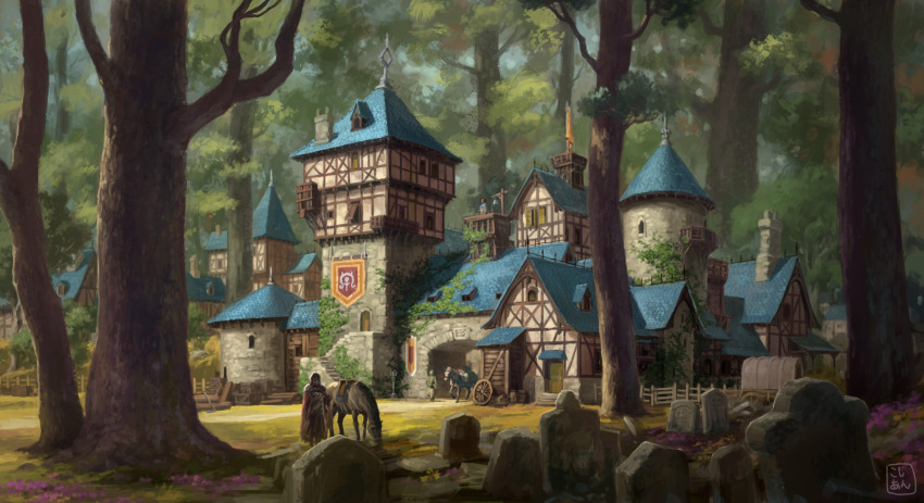 3others ambiguous_gender animal arch building chimney covered_wagon crate day door european_architecture fence flag flower forest graveyard highres horse kosian medieval multiple_others nature original outdoors plant purple_flower road rooftop scenery signature stairs standing stone_wall tombstone tower town tree wall wide_shot