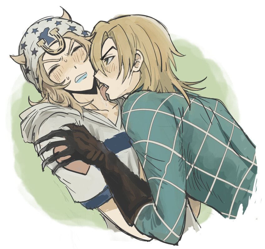 2boys 4wihljrgsy40061 argyle_clothes argyle_sweater beanie blonde_hair blue_lips blue_sleeves blue_sweater blush clawed_gauntlets closed_eyes diego_brando gloves hat highres hood hood_down hoodie horseshoe_hat_ornament horseshoe_ornament johnny_joestar jojo_no_kimyou_na_bouken licking licking_another&#039;s_neck male_focus medium_hair multiple_boys no_headwear star_(symbol) star_print steel_ball_run sweater teeth tongue tongue_out two-tone_sleeves white_hat white_hoodie white_sleeves yaoi