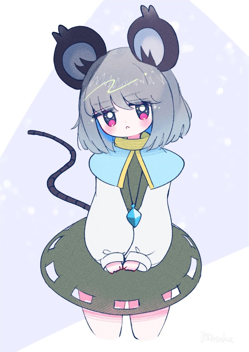 1girl :c animal_ears capelet cowboy_shot cropped_legs dotaku_(wran8845) grey_hair highres jewelry looking_at_viewer mouse_(animal) mouse_ears mouse_tail nazrin pendant red_eyes short_hair side_ponytail solo tail touhou v_arms