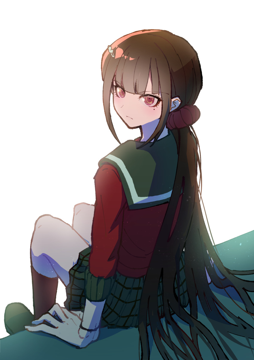 1girl blunt_bangs brown_hair danganronpa_(series) danganronpa_v3:_killing_harmony hair_ornament hair_scrunchie harukawa_maki highres long_hair long_sleeves looking_at_viewer looking_back low_twintails mole mole_under_eye pleated_skirt red_eyes red_scrunchie red_shirt sailor_collar school_uniform scrunchie shirt sitting skirt solo twintails youko-shima