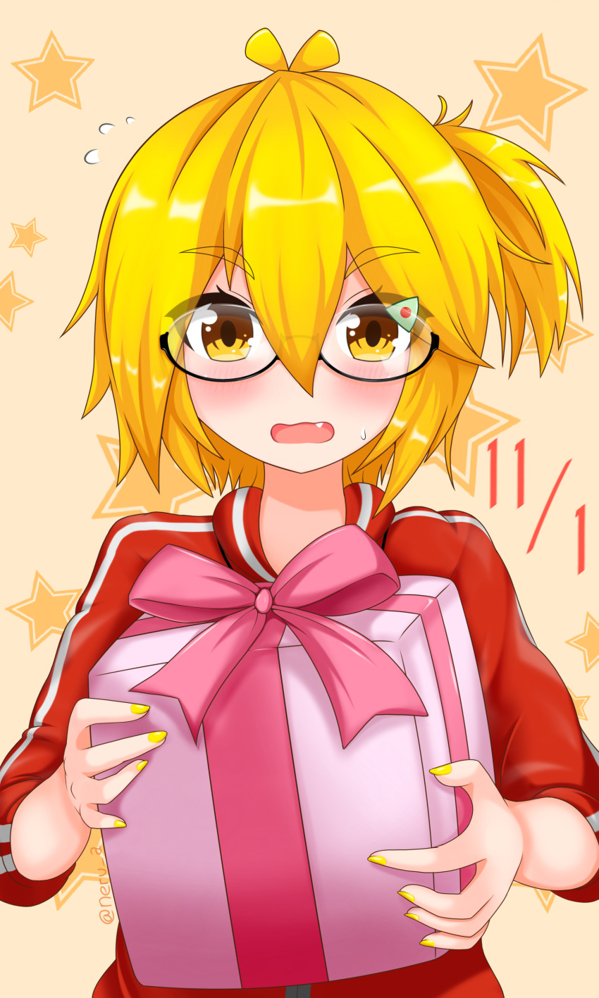 1girl absurdres akita_neru blonde_hair blush box commentary dated english_commentary enru fang female_focus floral_bow gift glasses hair_ornament hairclip highres holding holding_box holding_gift jacket nail_polish open_mouth ponytail red_jacket semi-rimless_eyewear solo star_(symbol) star_symbol_background sweat track_jacket upper_body vocaloid yellow_eyes yellow_nails