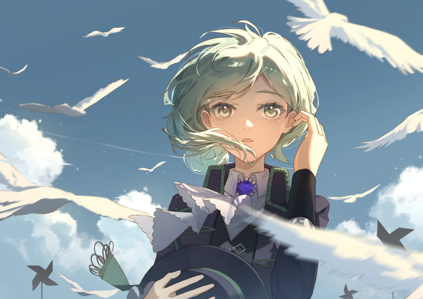 1girl absurdres adjusting_hair ascot bird black_coat black_hat blue_sky boater_hat cloud coat collared_shirt floating_hair grey_hair hair_bun hand_up hands_up hat highres holding holding_unworn_clothes holding_unworn_hat looking_at_viewer parted_lips pinwheel reverse:1999 shirt short_hair single_side_bun sky solo too_many too_many_birds unworn_hat unworn_headwear upper_body vertin_(reverse:1999) white_ascot white_bird white_shirt wind xiamianhaiya