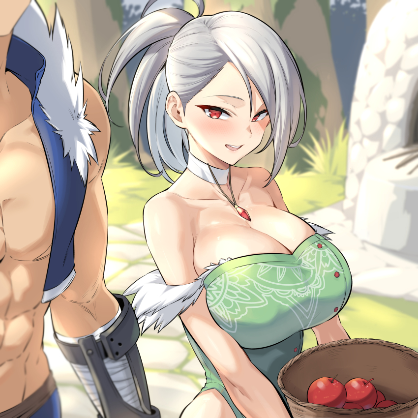 1boy 1girl abs absurdres apple bandaged_arm bandages bare_shoulders basket blue_vest blurry blurry_background breasts choker cleavage dungeon_and_fighter food fruit fur_trim green_leotard head_out_of_frame high_ponytail highres holding holding_basket huge_breasts jewelry kook leotard looking_at_another muscular muscular_male necklace open_mouth out_of_frame outdoors ponytail red_eyes seria_kirmin single_sidelock vest white_choker