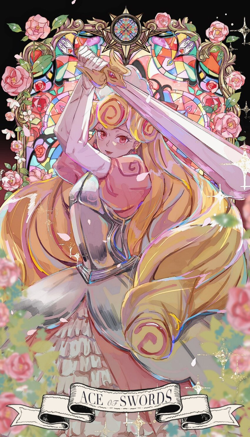 1girl blonde_hair character_name colored_eyelashes cookie_run cookie_run:_kingdom dress happy heart highres humanization kouign-amann_cookie long_hair looking_at_viewer multicolored_hair notonlyasheep open_mouth personification pink_dress pink_eyes pink_hair smile solo sword weapon