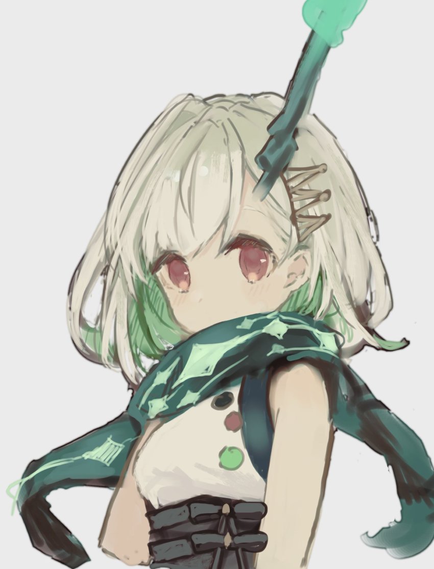 1girl blush covered_mouth green_hair grey_background grey_hair hair_ornament hairclip highres little_match_girl_(sinoalice) looking_at_viewer merry-san multicolored_hair parted_bangs red_eyes ribbon scarf simple_background sinoalice sketch solo two-tone_hair