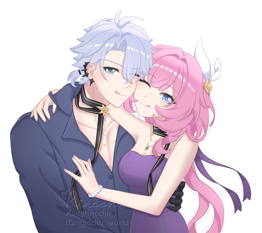 1boy 1girl absurdres ahoge blue_eyes blue_shirt breasts cleavage commentary cyrene_(honkai:_star_rail) dress ear_piercing english_commentary hair_ornament hetero highres honkai:_star_rail honkai_(series) jewelry licking_lips long_hair medium_breasts necklace official_alternate_costume phainon_(fashion)_(honkai:_star_rail) phainon_(honkai:_star_rail) piercing pink_hair pink_pupils purple_dress rincchu shirt short_hair simple_background tongue tongue_out white_background white_hair
