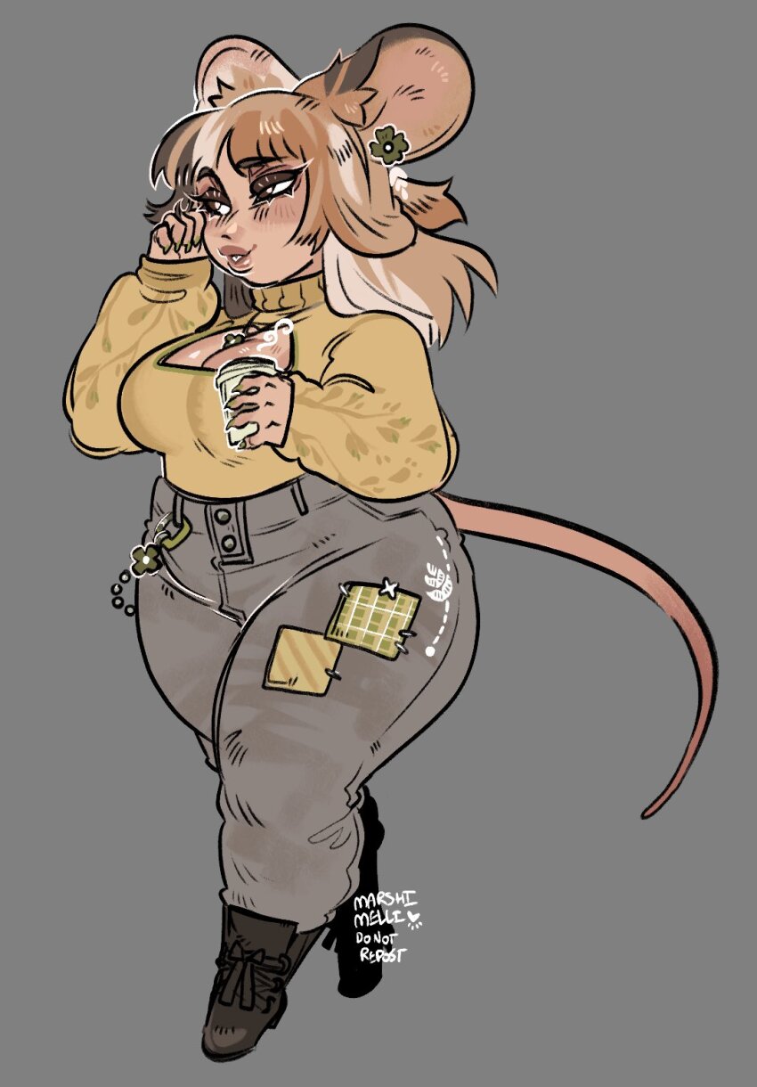 1girl animal_ears breasts claws cleavage_cutout clothing_cutout cup high-waist_pants highres holding holding_cup long_hair marshimelli mouse_ears mouse_girl mouse_tail multicolored_hair open-chest_sweater original pants shirt_tucked_in solo streaked_hair sweater tail