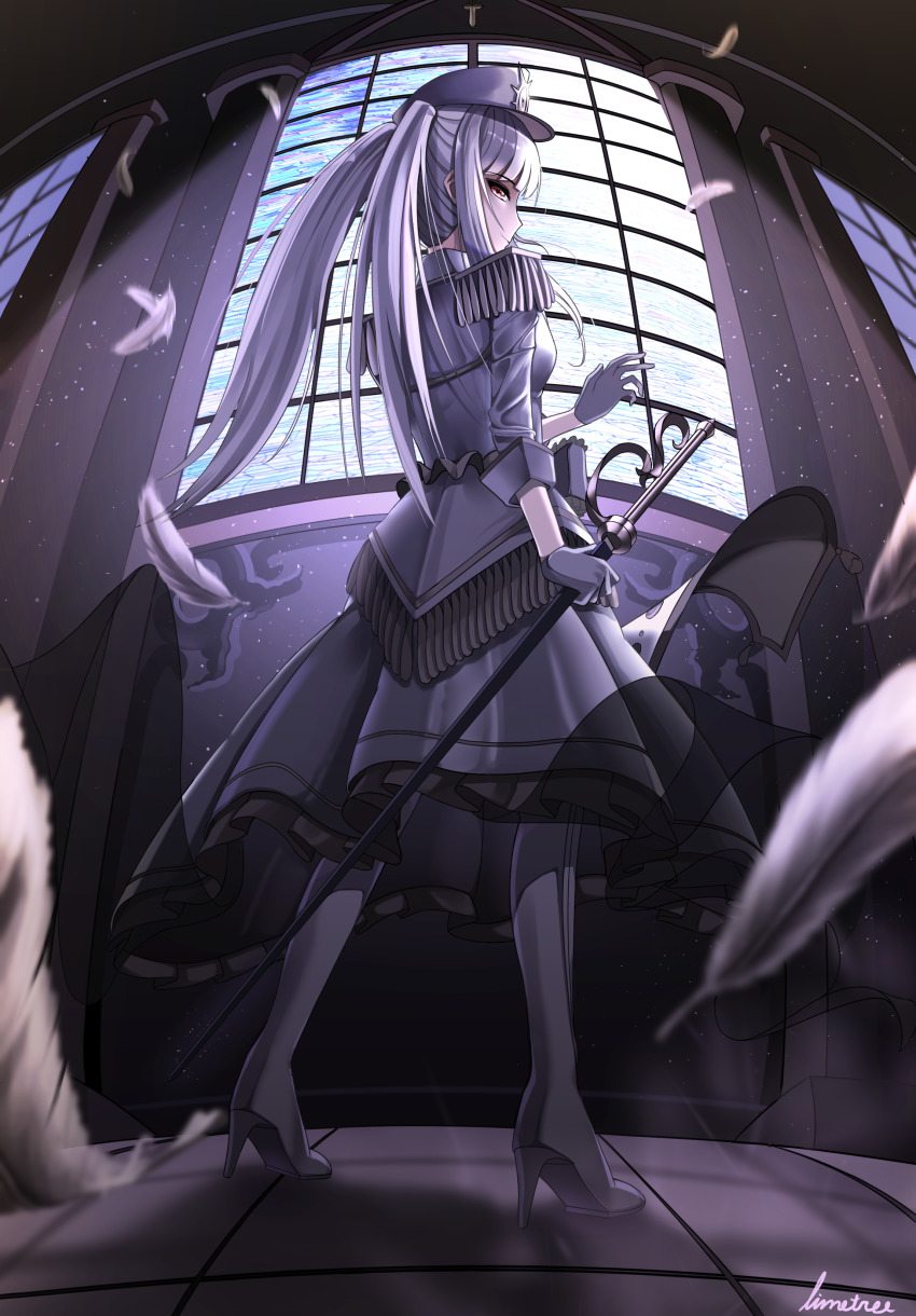 1girl absurdres back boots commentary_request date_a_live date_a_live:_date_a_bullet dress epaulettes feathers gloves hat high_heels highres holding holding_sword holding_weapon long_hair military_hat red_eyes silver_dress solo standing sword thigh_boots thighhighs twintails weapon white_gloves white_hair white_queen_(date_a_live) winterlime12