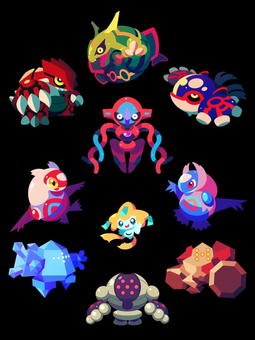 artist_request black_background chibi claws creatures_(company) deoxys deoxys_(normal) dragon full_body game_freak gen_3_pokemon groudon highres jirachi kyogre latias latios legendary_pokemon looking_at_viewer looking_to_the_side mythical_pokemon nintendo open_mouth pokemon pokemon_(creature) rayquaza regice regirock registeel sharp_teeth simple_background smile tail teeth wings
