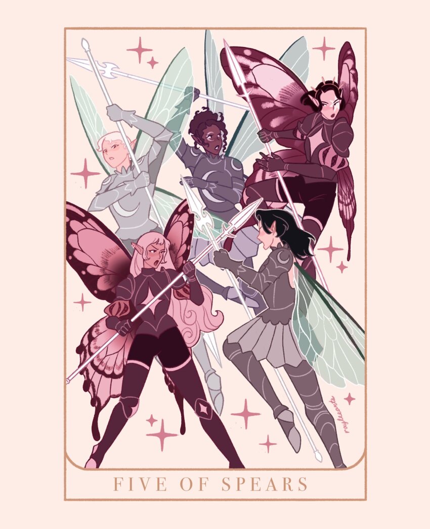 5girls armor armored_boots armored_skirt black_hair boots border bracer butterfly_wings card_(medium) commentary couter crescent cuirass cuisses dragonfly_wings english_commentary english_text fairy fighting fighting_stance flying food fruit gauntlets greaves green_wings grey_armor highres holding holding_polearm holding_weapon insect_wings long_hair medium_hair minor_arcana_(tarot) multiple_girls original paid_reward_available pauldrons pear pink_background pink_border pink_hair pointed_crown pointy_ears polearm poleyn puff_and_slash_sleeves puffy_sleeves purple_armor purple_wings raylee rerebrace short_hair shoulder_armor signature standing standing_on_one_leg star_(symbol) tarot tarot_(medium) very_long_hair weapon white_hair wings