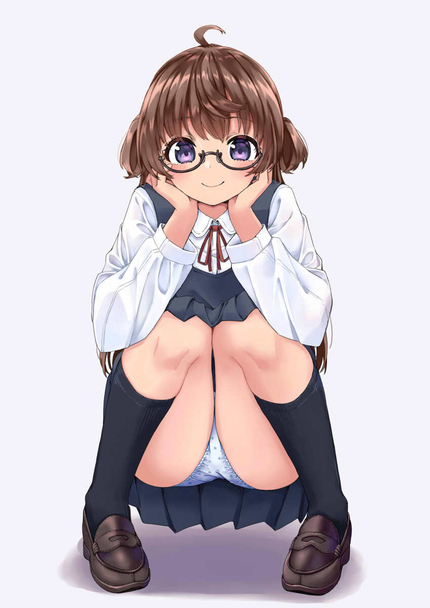 1girl absurdres ahoge amemiya_sekira black-framed_eyewear black_dress black_socks blue_eyes blush brown_hair brown_shoes closed_mouth collared_shirt commentary_request dress dress_shirt full_body glasses highres kneehighs knees_up loafers long_hair long_sleeves looking_at_viewer neck_ribbon original panties pantyshot pinafore_dress pleated_dress polka_dot polka_dot_panties print_panties red_ribbon ribbon sekira_ame semi-rimless_eyewear shirt shoes sleeveless sleeveless_dress smile socks solo squatting star_panties star_print two_side_up under-rim_eyewear underwear very_long_hair white_panties white_shirt