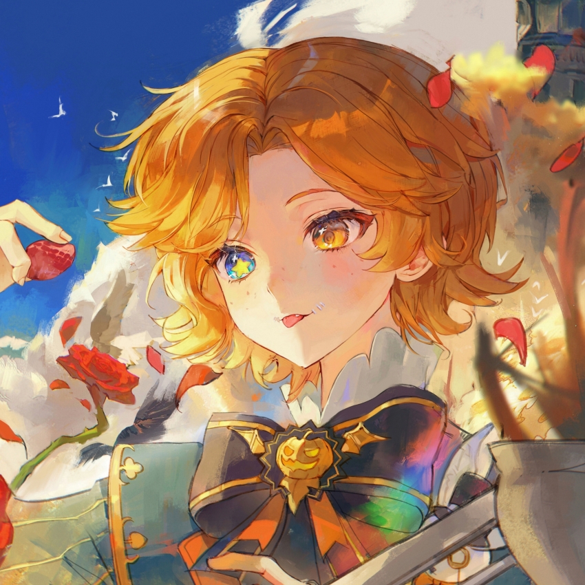 1boy :p absurdres bird black_bow black_bowtie blue_eyes blue_sky bow bowtie cloud falling_petals fang flower food freckles fruit gold_trim hair_intakes heterochromia high_collar highres identity_v looking_ahead male_focus medium_hair mike_morton mike_morton_(tea_party) official_alternate_costume orange_eyes petals portrait pumpkin_ornament red_flower red_petals red_rose rose seagull sky solo star-shaped_pupils star_(symbol) stitched_mouth stitches strawberry symbol-shaped_pupils tongue tongue_out xiaomianduoshao yellow_pupils
