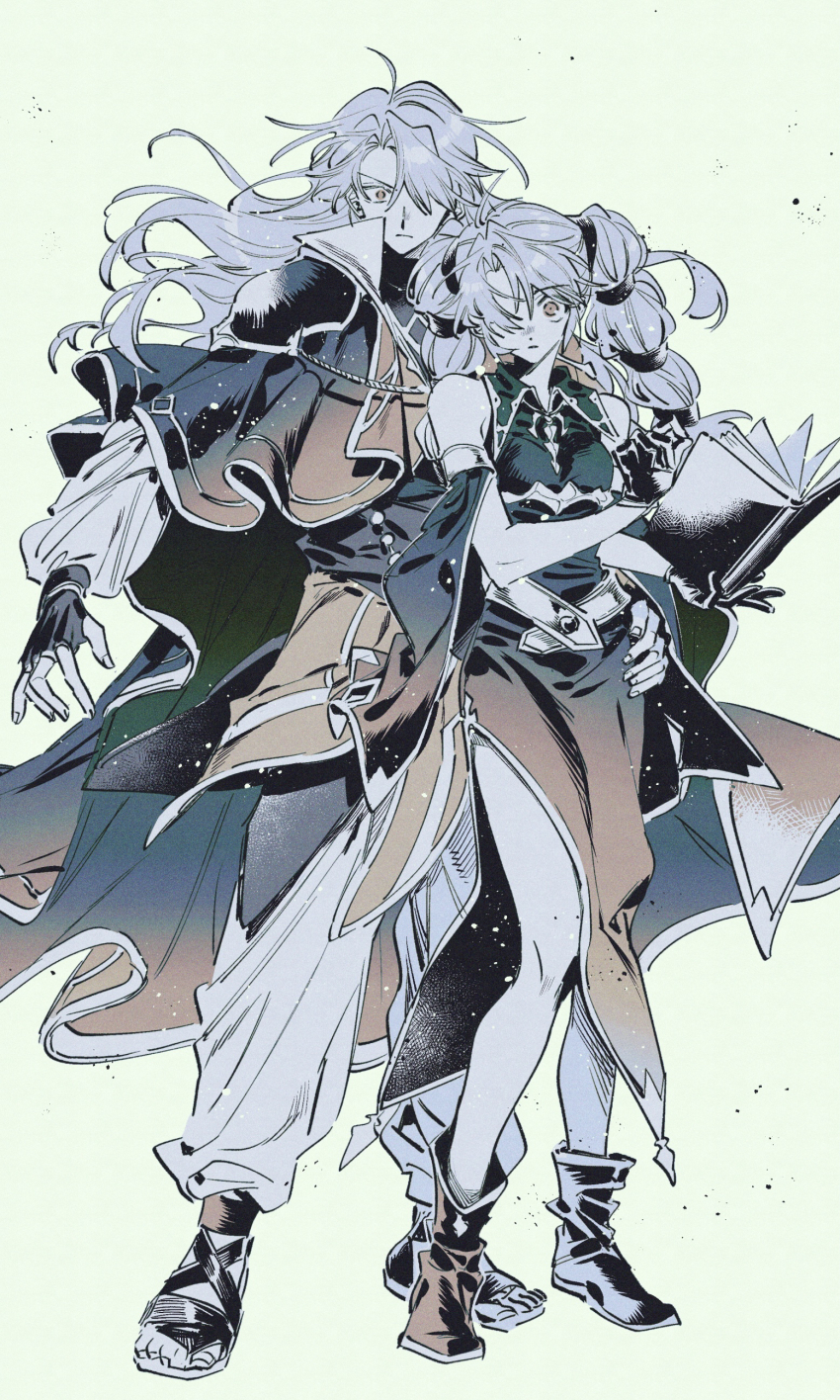 1boy 1girl absurdres arthur_(fire_emblem:_genealogy_of_the_holy_war) black_gloves book brother_and_sister closed_mouth commentary_request dress fingerless_gloves fire_emblem fire_emblem:_genealogy_of_the_holy_war floating_hair full_body gloves hair_over_one_eye height_difference highres long_hair looking_at_viewer nintendo one_eye_covered otokawa_akari panties sandals serious shoes siblings simple_background sleeveless sleeveless_dress tine_(fire_emblem) toenails toes twintails underwear very_long_hair white_background