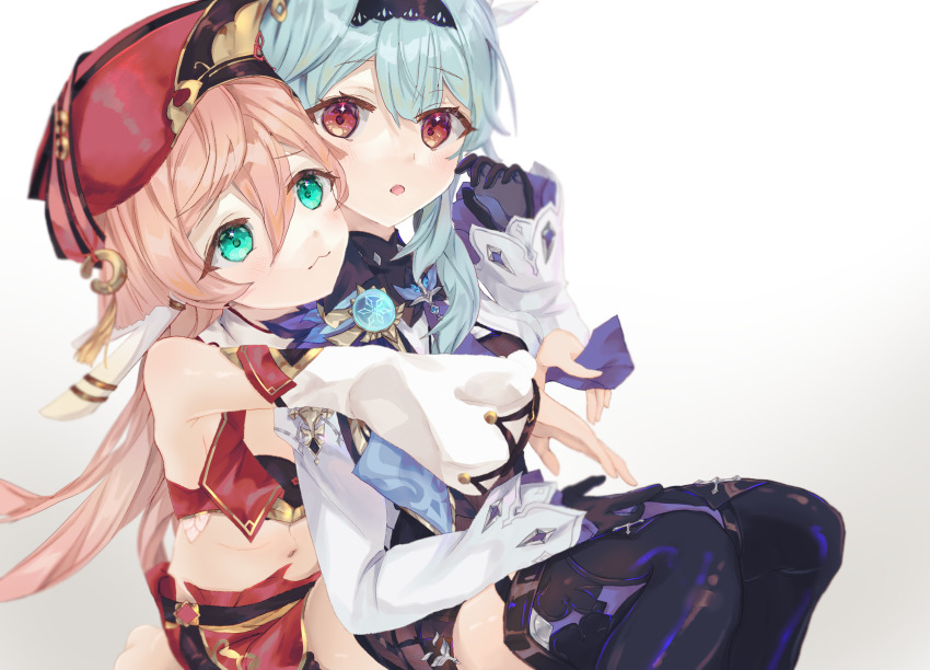 2girls bare_shoulders black_bra blue_hair bra crop_top eula_(genshin_impact) genshin_impact gloves green_eyes hat highres hug hug_from_behind isuzu_(an_icy_cat) long_sleeves midriff multiple_girls navel necktie open_mouth pink_hair sitting skirt thighhighs underwear wide_sleeves yanfei_(genshin_impact) yellow_eyes yuri