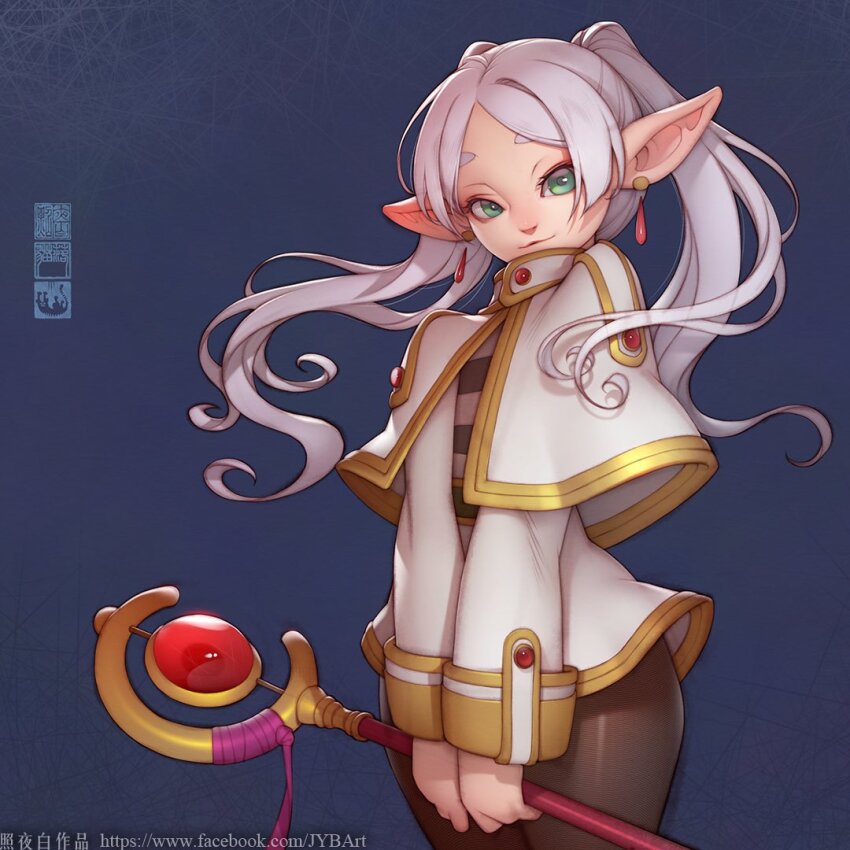1girl black_pantyhose blue_background capelet closed_mouth earrings elf facebook_username floating_hair frieren gold_trim green_eyes grey_hair high_collar holding holding_staff jewelry long_hair long_sleeves looking_at_viewer mage_staff miniskirt pantyhose parted_bangs pointy_ears shirt short_eyebrows sidelocks skirt smile solo sousou_no_frieren staff striped_clothes striped_shirt thick_eyebrows twintails watermark web_address white_capelet white_skirt zhaoyebai