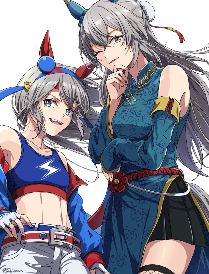 2girls absurdres animal_ears aqua_eyes bare_shoulders belt blue_belt blue_hairband blue_tank_top bright_rock_(umamusume) chinese_clothes cloud_print collarbone commentary cowboy_shot detached_sleeves ear_covers ear_ornament fingerless_gloves fishnet_thighhighs fishnets gloves grey_eyes hair_bun hairband hand_on_own_chin headband highres horse_ears lightning_bolt_print long_hair long_sleeves looking_at_viewer mandarin_collar midriff multiple_belts multiple_girls navel off-shoulder_jacket off_shoulder pankou pants red_belt red_headband robe sash sashiumito shanghai_neckline single_side_bun sleeves_past_wrists striped_clothes striped_hairband tamamo_cross_(umamusume) tank_top teeth thighhighs toned toned_female umamusume umamusume:_cinderella_gray upper_teeth_only white_gloves white_pants