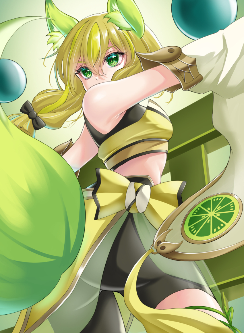 1girl animal_ear_fluff animal_ears armpit_crease ass asymmetrical_legwear black_bow blonde_hair bow braid breasts detached_sleeves duel_monster fox_ears fox_girl fox_tail gem green_eyes highres hu-li_the_jewel_mikanko japanese_clothes looking_back mandarin_orange_slice medium_breasts midriff nobea short_hair solo tail twin_braids yu-gi-oh!
